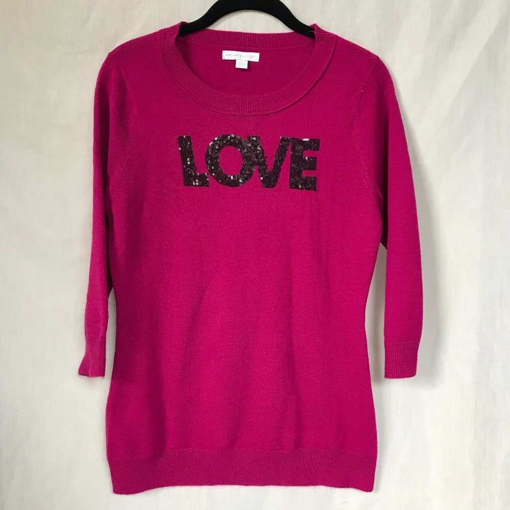 NY&C  Pink Purple Love Graphic 3/4 Sleeve Sweater